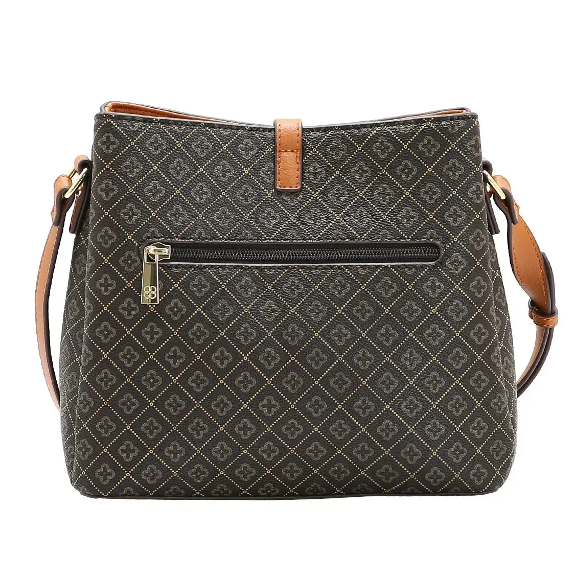 Bolsa feminina transversal Chenson monograma café mostrando bolso externo com zíper